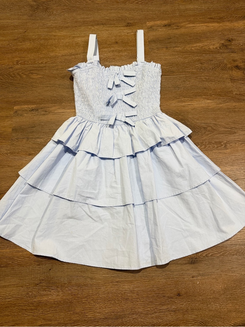 Baby Pink Blue Smocked Bow Tiered Mini Dress Size Small Coquette Cottagecore - Picture 2 of 9